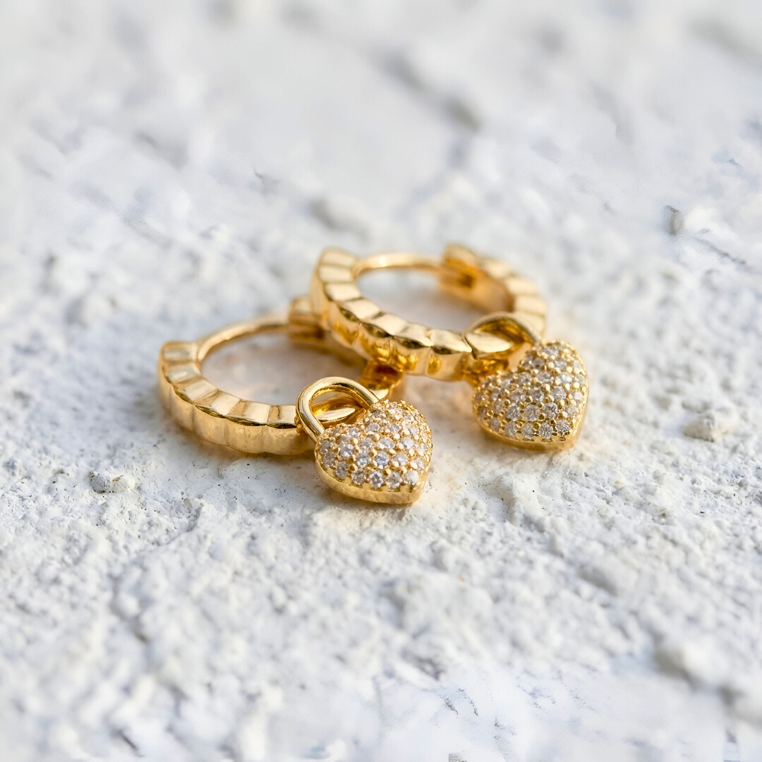 Gold Earrings with Pavé Heart