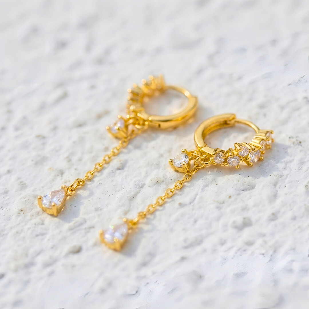 Gold Huggie with Chain and Drop