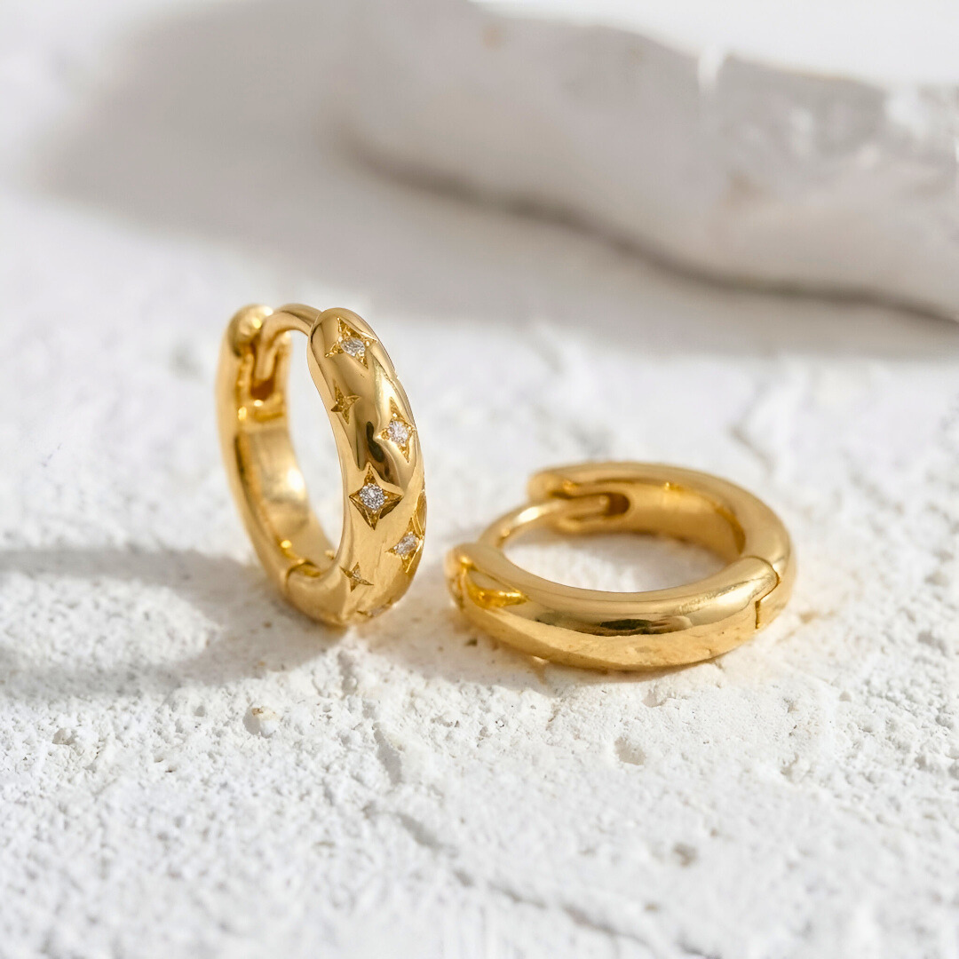 "Celestial" Gold Huggie with Stars and Zirconia