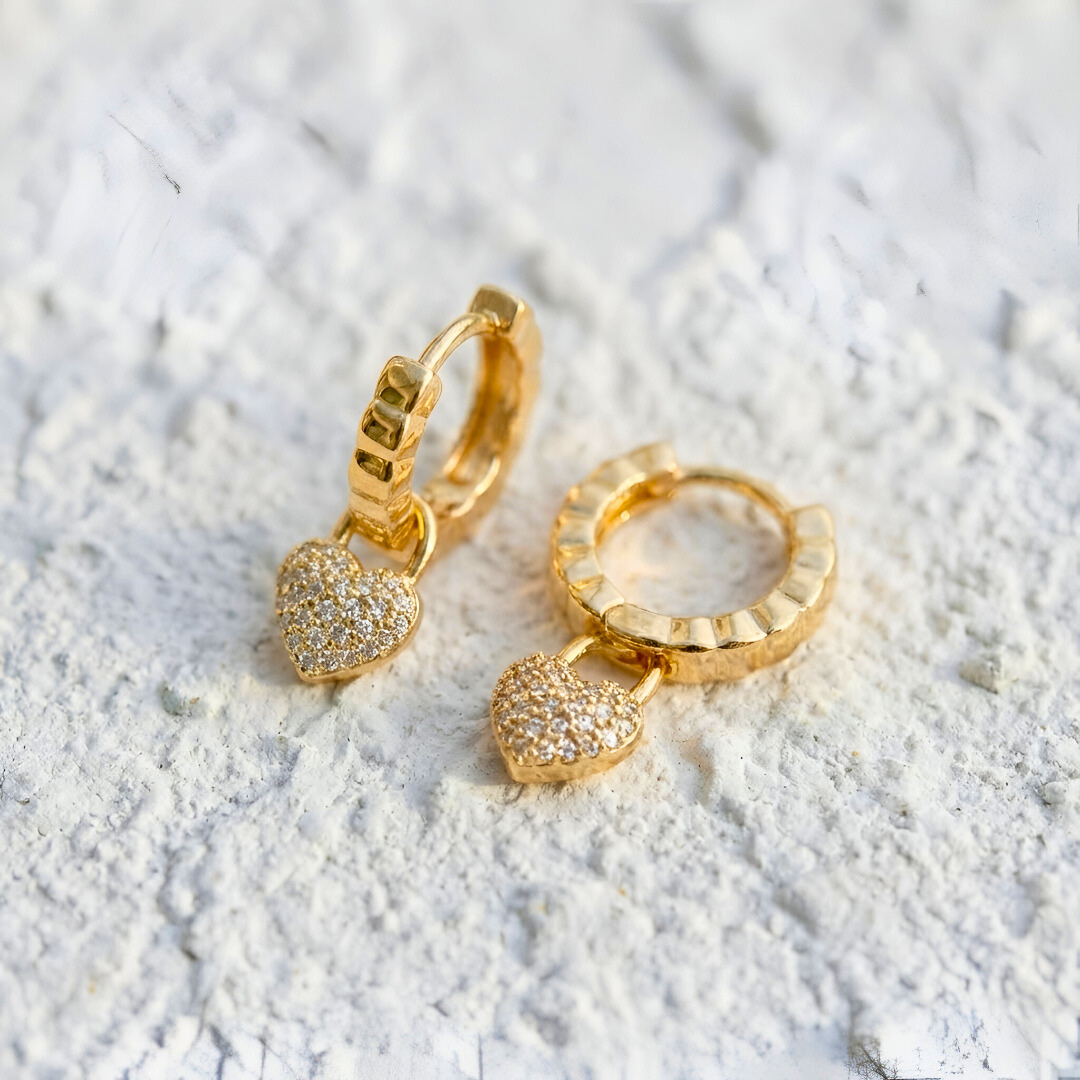 Gold Earrings with Pavé Heart