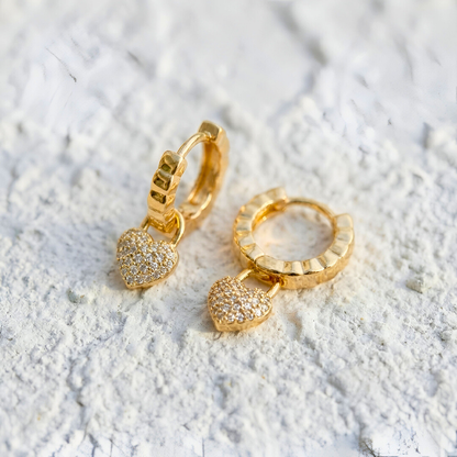 Gold Earrings with Pavé Heart