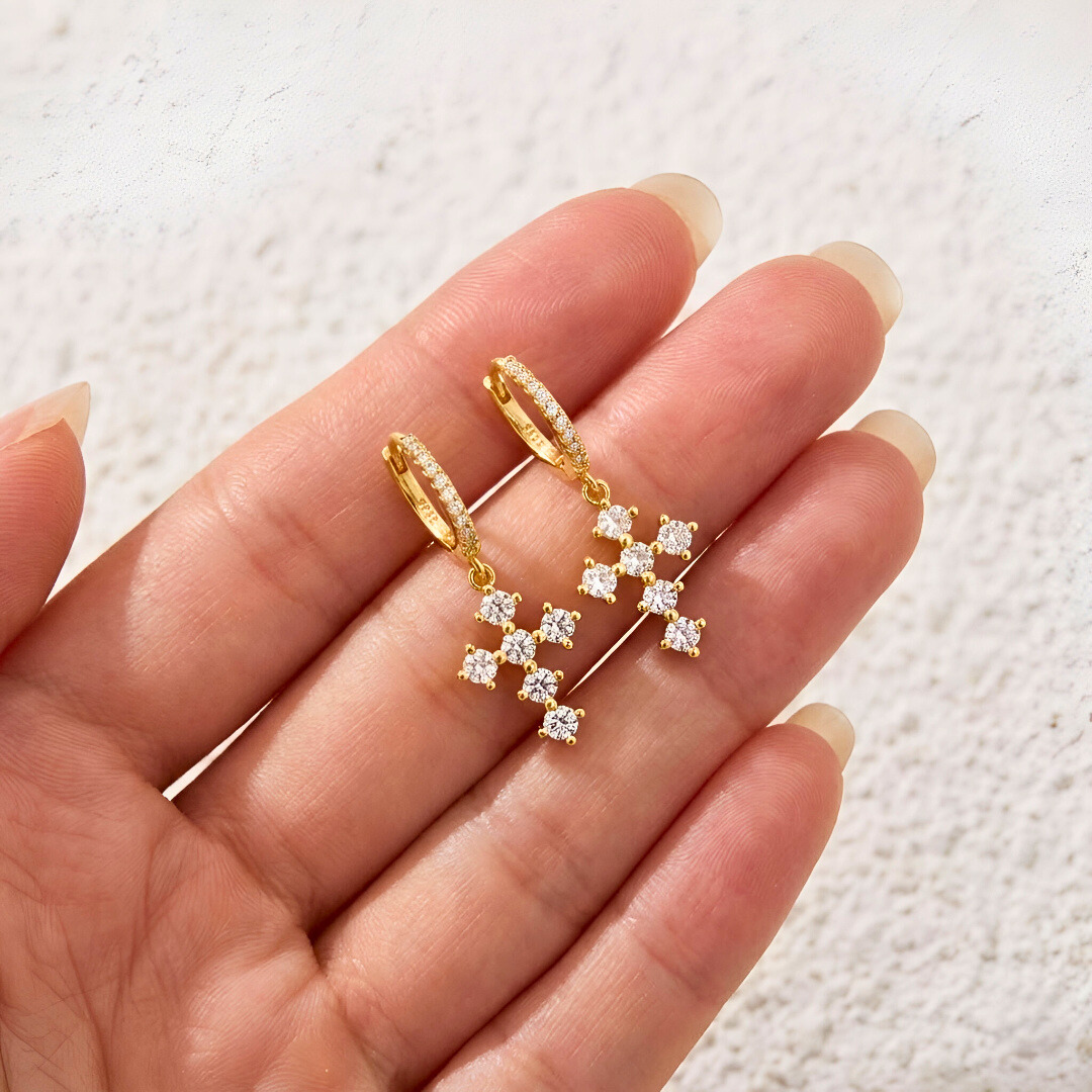 Gold Earrings with Cross Pendant