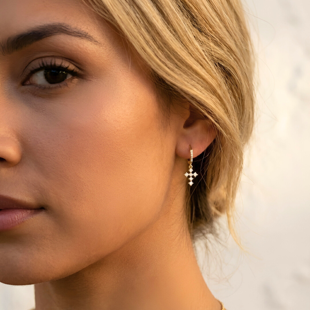 Gold Earrings with Cross Pendant