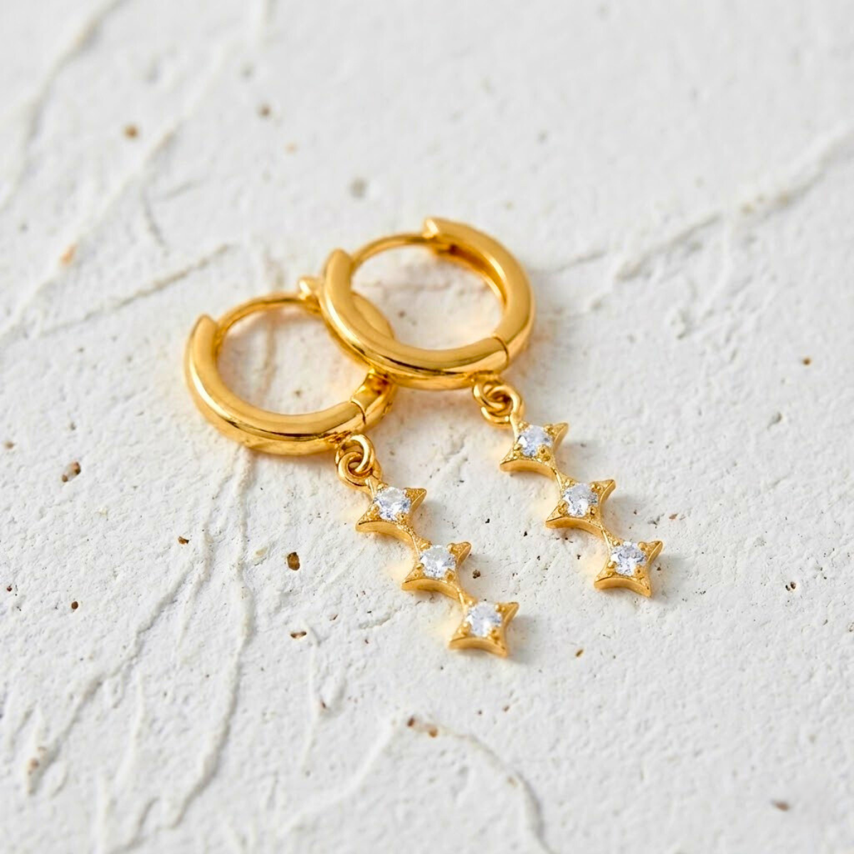 Gold Earrings with Triple Star Pendant