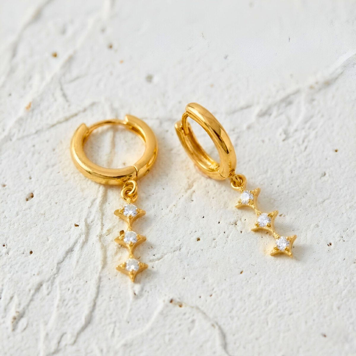 Gold Earrings with Triple Star Pendant